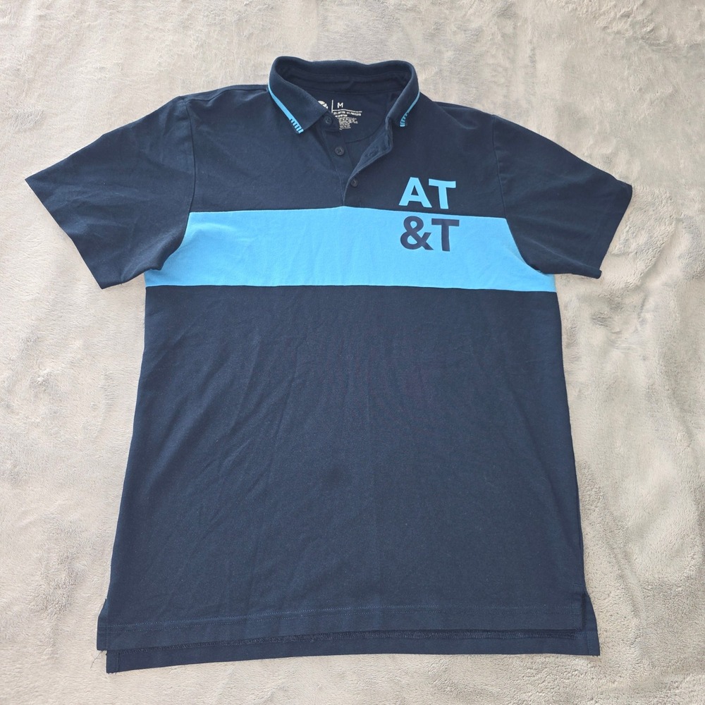 AT&T Mens‎ Navy Blue Color Block Short Sleeve Logo Polo Shirt Size M